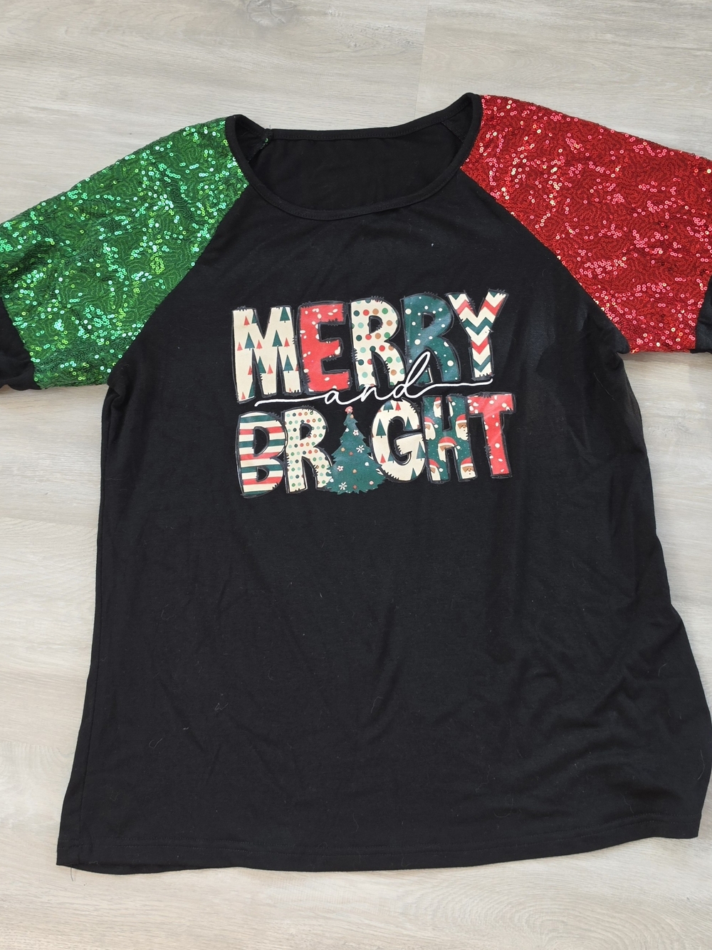 Womens "Merry and Bright" Black Christmas Shirt with Red & Green Sequin Sleeves